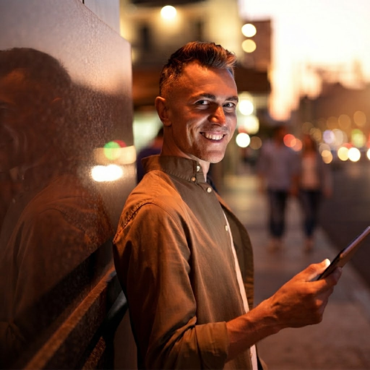 Profissional sorrindo enquanto usa o celular na rua ao fim da tarde